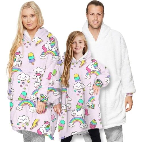 Family matching pajamas outfit unicorn parent-child home warming lamb velvet sleepwear double-sided blanket hooded sweater