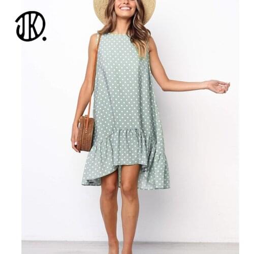 Cute Style Polka Dot Sleeveless Print Dress Round Neck Loose Ruffled Mini Dresses Ladies Large Size 3XL Chiffon Summer Vestidos