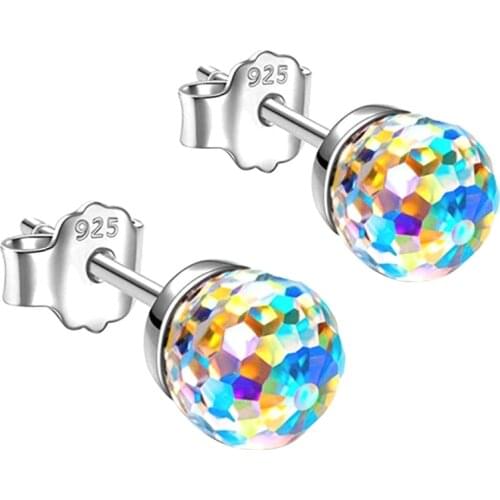 Simple Silver Plated Colorful Disco Ball Crystal Sparkling Stud Earrings For Women Girls Fashion Ear Jewelry Gift