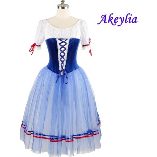 Flame of Paris Romantic Ballet Tutu Costume Giselle Professional Tutus Peasant women Blue White long Ballet dress Village Girls
