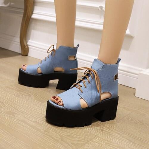 2021 Thick-Soled Denim Round-Toe Sandals High Waterproof Platform Hollow Fish Mouth Summer Street Lace-Up Womens Sandals