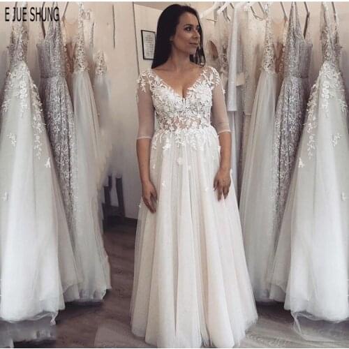 E JUE SHUNG Boho Wedding Dresses for Bride V-Neck Appliques Lace Illusion Half Sleeves Zipper Back Bridal Dresses robe de mariee