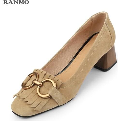 French retro metal buckle high-heeled single shoes with fringed shallow mouth womens shoes handmade leather shoes heels women