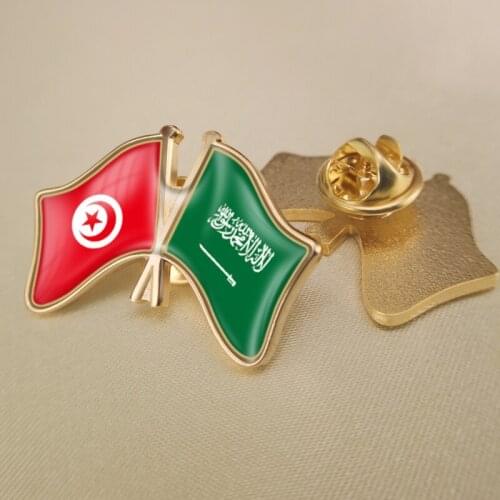 Tunisia and Saudi Arabia Crossed Double Friendship Flags Lapel Pins Brooch Badges