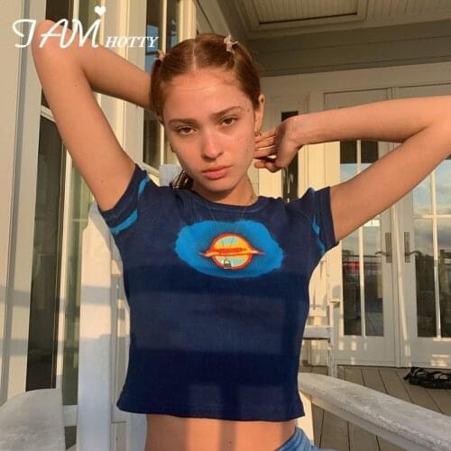 Aesthetic Graphics Tie Dye Printed Blue T-shirt Women Ribbed Cotton Short Sleeve Summer Harajuku y2k Crop Top Tee Shirt Iamhotty