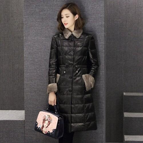 Womens Genuine Leather Jacket Autumn Winter Sheepskin Coat Long Down Jacket Mink Fur Collar Jackets Veste En Cuir KJ775