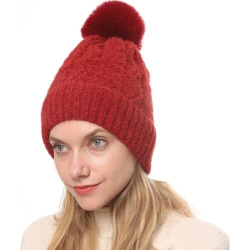 DUOJIAOYAN Women Fall Winter Hat Hair Accessories Fashion Plush Knitted Cap Chenille Soft Hats Big Wool Ball Warm Girls Caps