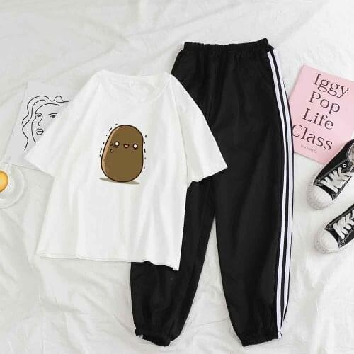 Sleepwear Women Pajama Sets Kawaii Potato Print Loungewear Set Summer Home Suit Women Fashion T Shirt Designer Pants Suit