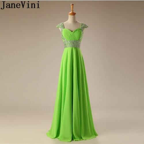 JaneVini 2018 Stylish Green Bridesmaid Dresses Long Luxury Beaded Sequins Cap Sleeve Chiffon Damigelle Prom Party Dress A-line