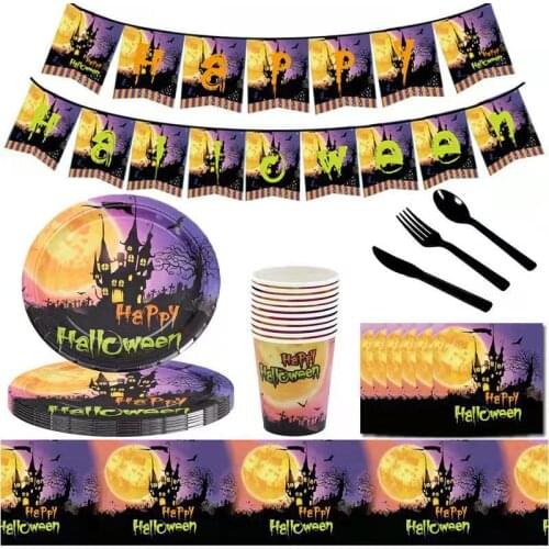 1set Halloween Banners Party Disposable Tableware Plate Cup Tablecloth Halloween Birthday Party Baby Shower Decorations Supplies