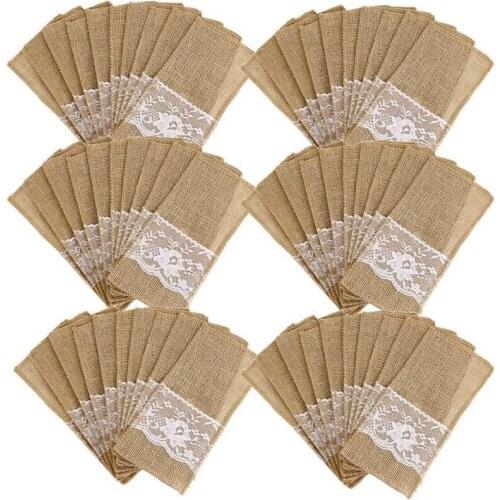 75Pcs Burlap Lace Cutlery Pouch Rustic Wedding Tableware Knife Fork Holder Bag Hessian Jute Table Decoration Accessories