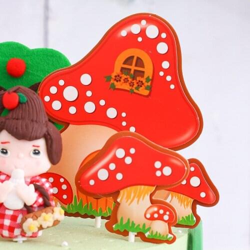 8pcs Cake Toppers Mushroom House Birthday Cake Insert Cake Decoration Baking Card Birthday Bake Decoration for Kids Baby Shower
