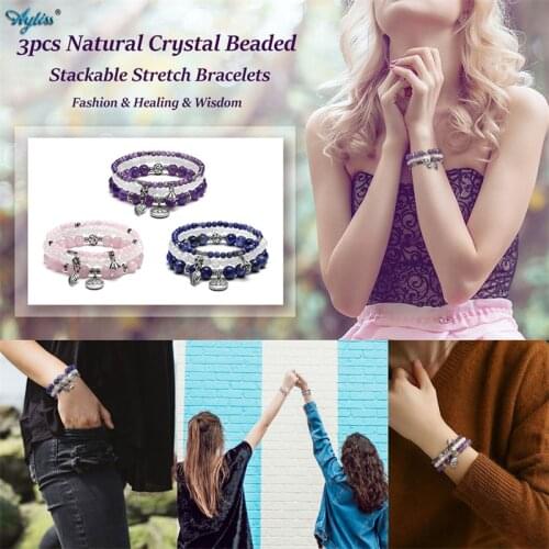 Ayliss Natural Gem Stones Yoga Bracelets 3 Pcs Round Beads Lotus Leaf Charm Reiki Healing Beaded Bracelet Stretch Bracelet Set