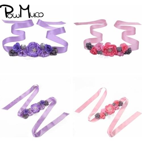 Powmuco Boutique Pearls Rhinestone Burning Satin Flowers Maternity Sash Handmade Rose Floral Adjustable Women Belt Birthday Gift