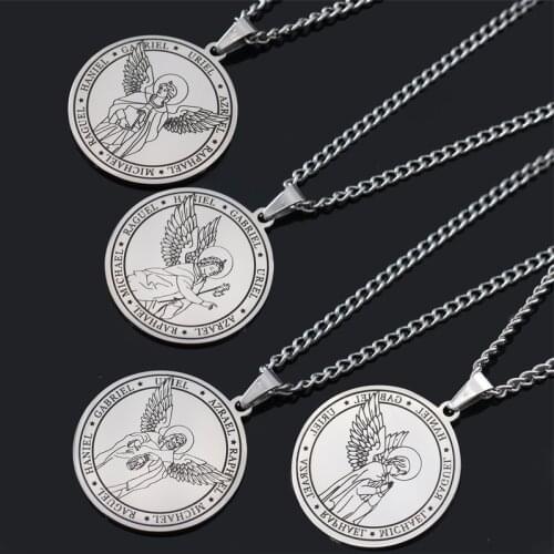 Jewelry on the neck Titanium Steel Seven Angels Pendant Religious Necklace Mens Round Brand Angel Wing Medal Necklace