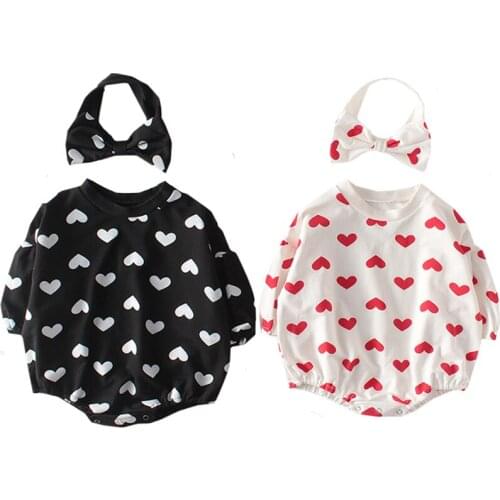 Baby Girls Bodysuits 2020 Spring Baby Girl Bodysuits Baby One Piece Heart Print Puff Sleeve Baby Suit +Hat Baby Fur Jumpsuit