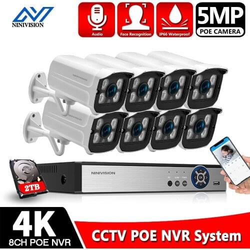 NINIVISION 4CH POE NVR Kit HD 5MP CCTV Camera System Outdoor Waterproof IP POE Camera Home Security Video Surveillance Set