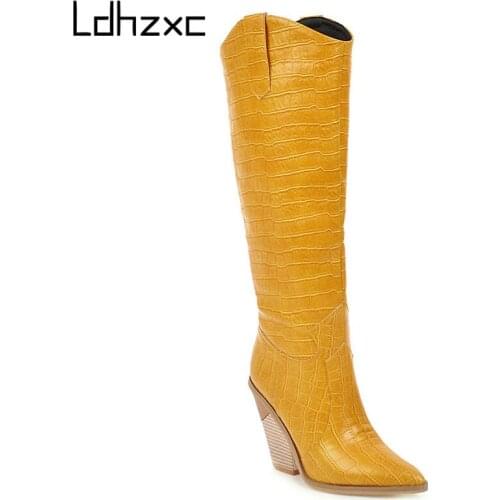 LDHZXC 2020 Square High Heel Knee High Boots women Slip on Leisure Women Shoes Winter Warm Fur Fashion Pointed Toe Size 43