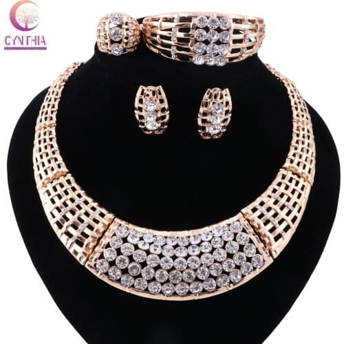 Fashion African Costume Jewelry sets Gold color Crystal Chunky Necklace Bangle Earrings Ring women Bridal Party Gift Set