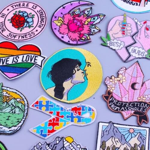 Cartoon Patch Moon Girl Embroidery Patch Iron On Patches For Clothes Gem Rainbow Heart Embroidered Patches For Clothing Custom