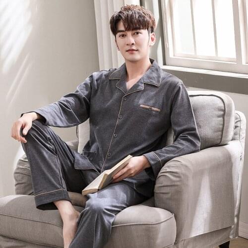 100% Cotton Male Autumn Winter Pajamas Suits 2PCs Plus Size Leisure Wear Spring Breathe Freely Comfortable Homewear Noble Style