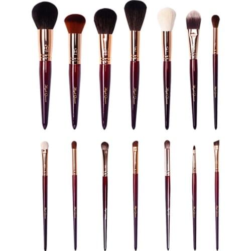 Luxury 14Pcs Makeup Brushes Set Professional Natural Goat Hair Coffee Brown Complete Brush Kit for Makeup Artist or Beginner