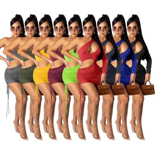 Summer 2021 New Women Sexy Hollow Out One-shoulder Long Sleeve Bodycon Dress