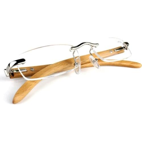 Wooden Temple Legs Rimless Eyeglasses Frame for Men and Women Optical Eyewear Reading Glasses for Paper Reading