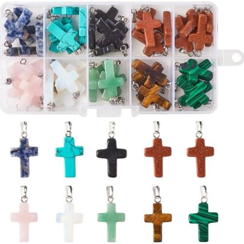 50pcs10 Colors Natural/Synthet Stone Cross Pendants Charms Necklace Earring Bracelet Jewelry Making 26x15x4mm Hole: 3x6mm