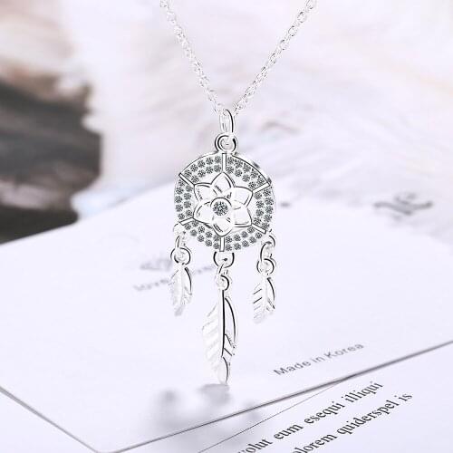 Romantic 925 Sterling Silver Dream Catcher Pendant Necklace for Women Tassel Round Flower Chain Jewelry Kolye Collares Bijoux