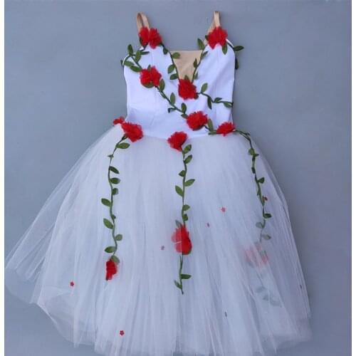 Adult Romantic Professional Ballet Tutu White Red Flowers Ballet Dress For Girls Kids Child Modern Dance Fairy Long Tulle Dress