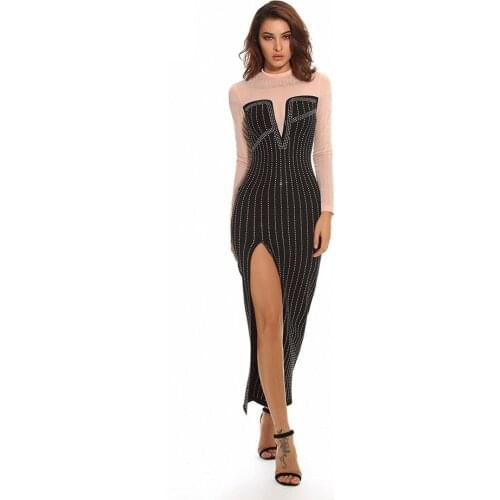 S Curve Crystal Beaded Mesh Dress Fashion Long Sleeve Patchwork Rhinestone High Slit Prom Maxi Dress