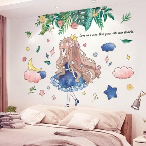 [shijuekongjian] Cartoon Girl Wall Stickers DIY Tropical Leaves Wall Decals for Kids Room Baby Bedroom Dorm House Decoration