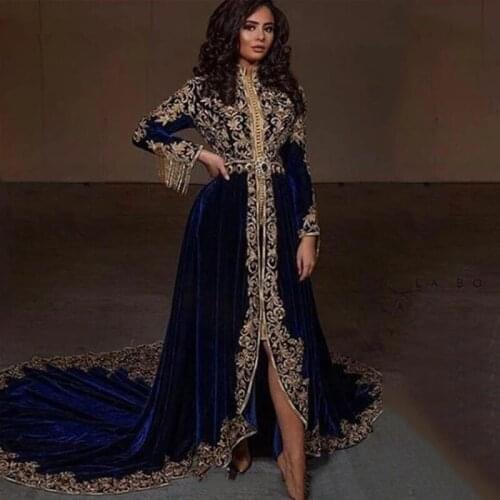 Blue Moroccan Kaftan Caftan Muslim Evening Dresses A-line Long Sleeves Velvet Appliques Dubai Arabic Turkey Abaya Islamic Gown