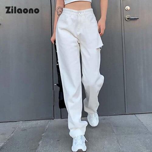 Loose Solid Full Length Straight Jeans Pure Colour High Waisted Dissymmetry Hole Hollow Out Casual Zipper Fly Straight Pants