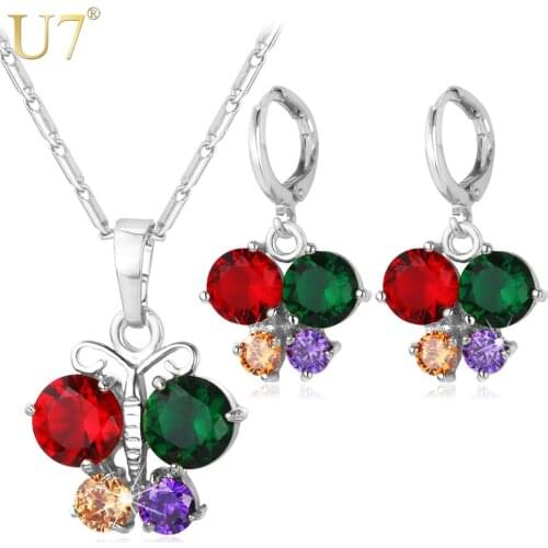 U7 Silver Color Insect Jewelry For Women AAA Cubic Zirconia Earrings Necklace Set Butterfly Jewelry Sets S691