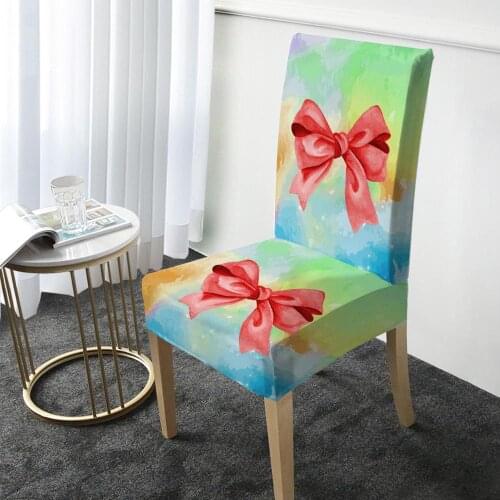 Cute Bow Print Chair Cover Elastic Dining Chair Protector Cover Washable Slipcover for Christmas Banquet Party Home Decor