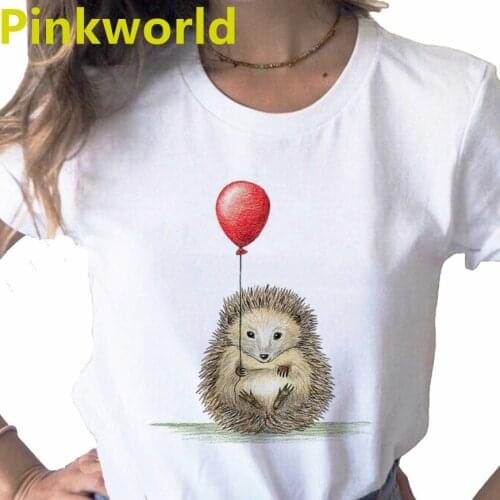Funny Cartoon Animals And Balloon Print Ladies Top T-shirt Casual Basics O-Collar White Shirt Short Sleeve Lady Tshirt,Drop Ship
