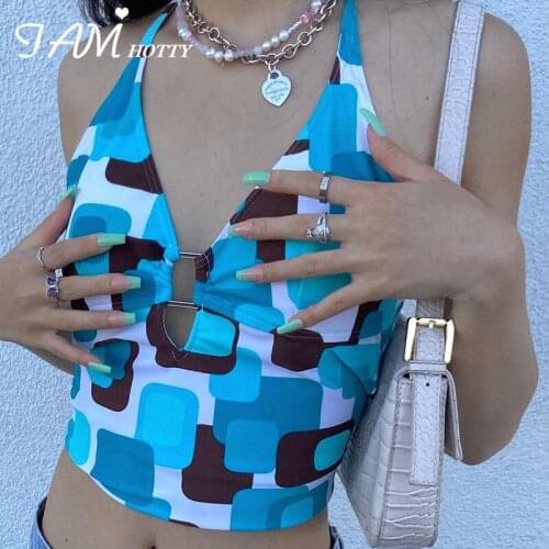 Y2K Geometric Print Chest Cut Out Cami Women Sexy Deep V-neck Bustier Corset Summer Retro Sleeveless Crop Top Tee 90s Iamhotty