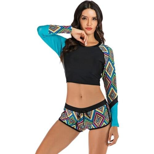 Women Two Piece Patchwork Long Sleeve Crop Top Sunshade Quick Drying Beach Surfing Diving Bathing Swimsuit