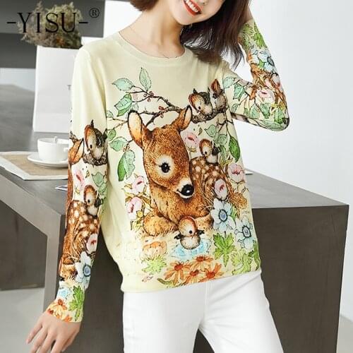YISU Knitted Sweater Women Loose Jumper Autumn Winter Female Pullover O neck Long Sleeve Women Sika deer pattern Printed sweater