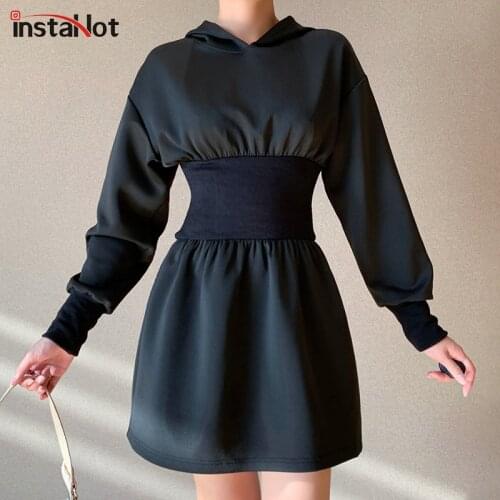InstaHot Hoodies Dress Women A line Slim Waist Casual Mini Dress Long Sleeve Autumn Solid 2021 Fashion Streetwear Female Dress