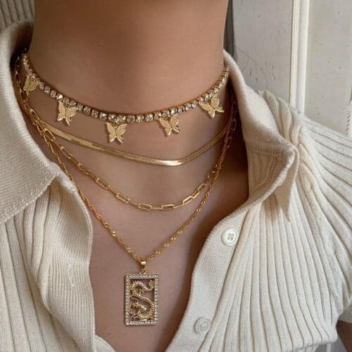 Flatfoosie Boho Gold Chains Necklaces For Women Multilayer Letter Butterfly Portrait Cross Pendant Necklace 2021 Trendy Jewelry