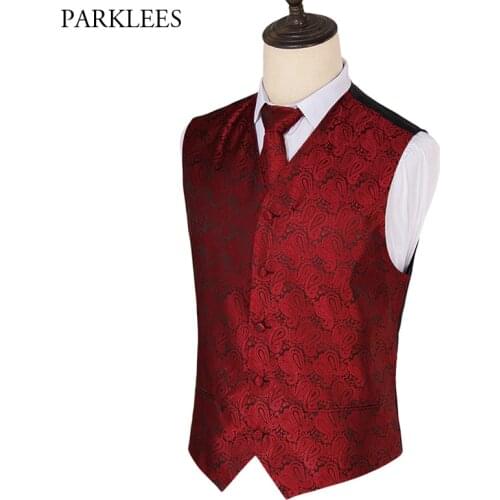 Mens 3pc Paisley Vest Necktie Pocket Square Set 2019 Brand New Floral Jacquard Waistcoat Vest Handkerchief Tuxedo Gilet Homme