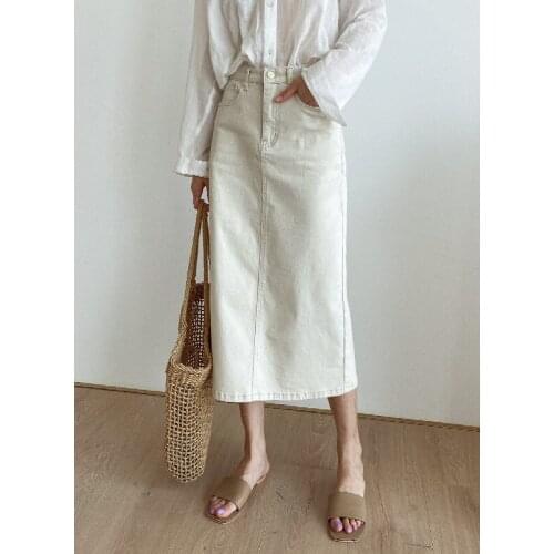 2021 Summer New Korean Temperament Commuter White Denim Skirt Mid-Length Casual Wild Mujer Faldas Saia Jean Midi zh862