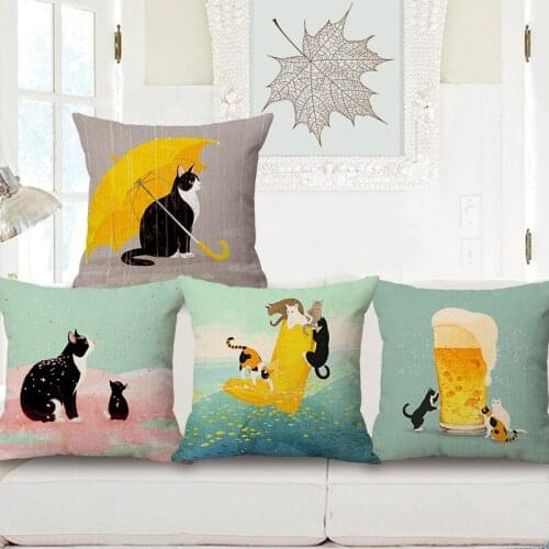 4pcs Flash Sale The new cute cat digital printing Linen Cushion Cover Sofa Throw Pillows Pillowcase 45x45cm (17.72x17.72inch)