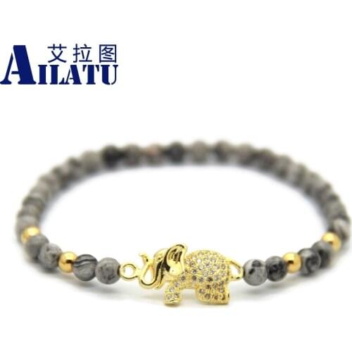Ailatu Micro Pave CZ Elephant Lucky Bracelet with 4mm Natural Grey Sediment Stone and Stainless Steel Beads Couple Jewelry