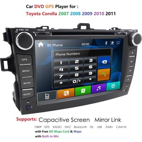 8"Car DVD Player Stereo For TOYOTA COROLLA 2007-2011 SWC Bluetooth GPS Navigation Radio FREE Map card mirror link touch screen
