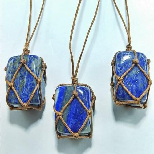 FYJS Unique 10 Pcs Handmade Weave Wrap Irregular Shape Lapis Lazuli Pendant Rope Chain Necklace Ethnic Jewelry