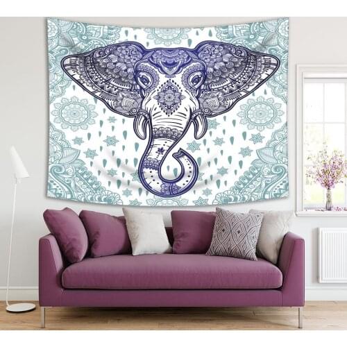Tapestry Elephant Head with Vintage Mandala Art Tribal Decorative Ornament Blue and White Print